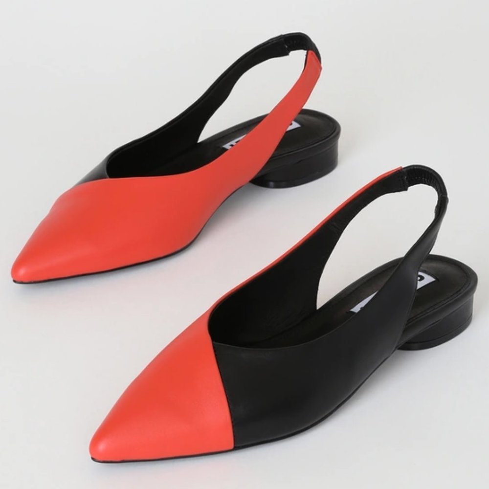 Black and Red Leather Pointed-Toe Slingback Flats - Picture 4 of 5